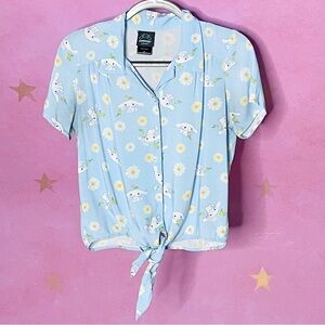 SANRIO CINNAMOROLL Flowers Tie-Front Button Up Top Blue Cropped Hello Kitty